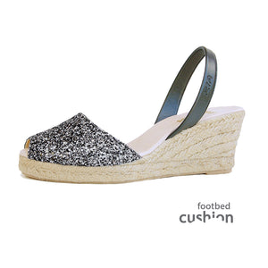 Glitter Sandal with Jute Wedge Espadrilles in Black