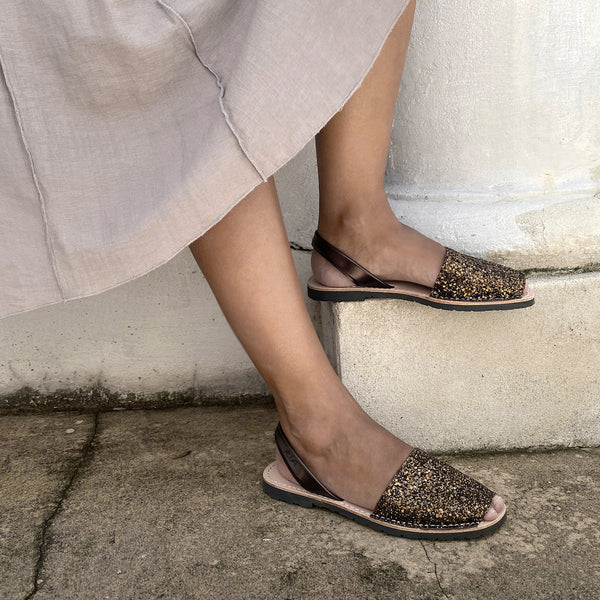 Joan Glitter Menorcan Avarcas Sandals in Bronze