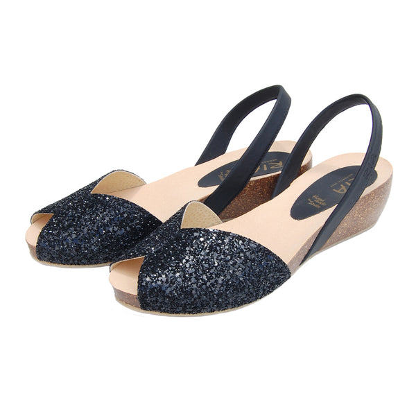 Rosalia Avarcas Cork Wedge in Black Glitter