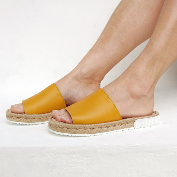 Feliz Spanish Leather Slides in Sun Yellow