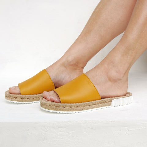 Feliz Spanish Leather Slides in Sun Yellow